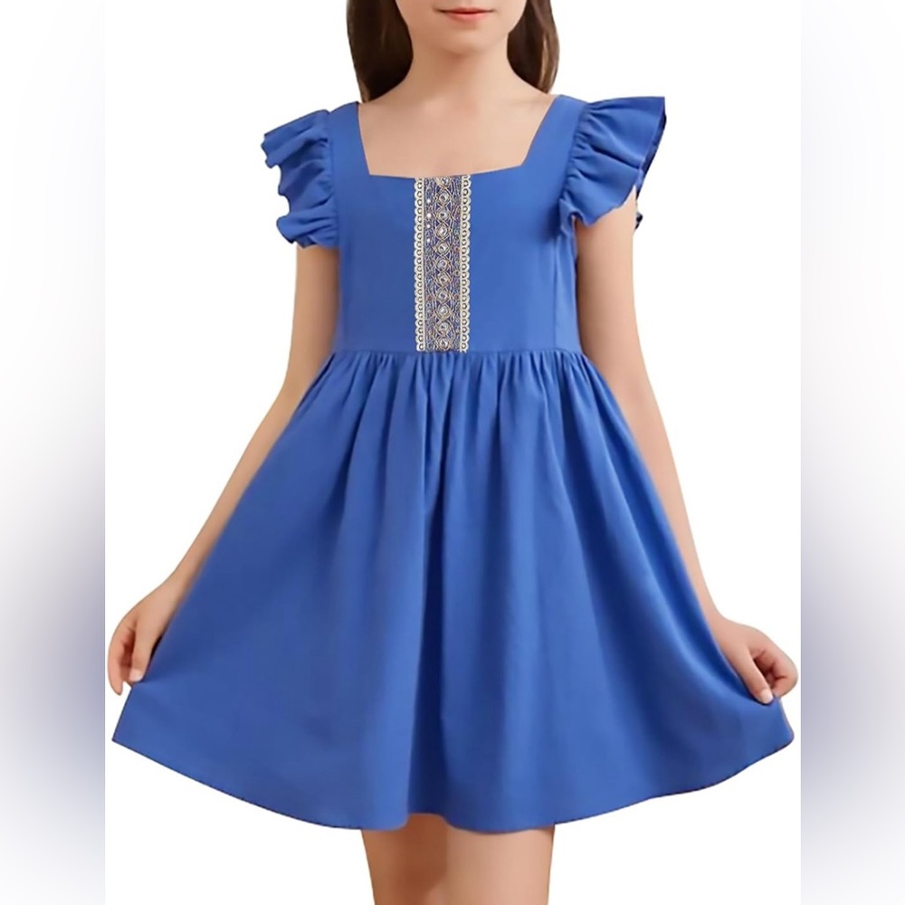 Girls Ruffle Short Sleeve Dresses Casual Cute Mini Dress Blue Kids Size 140